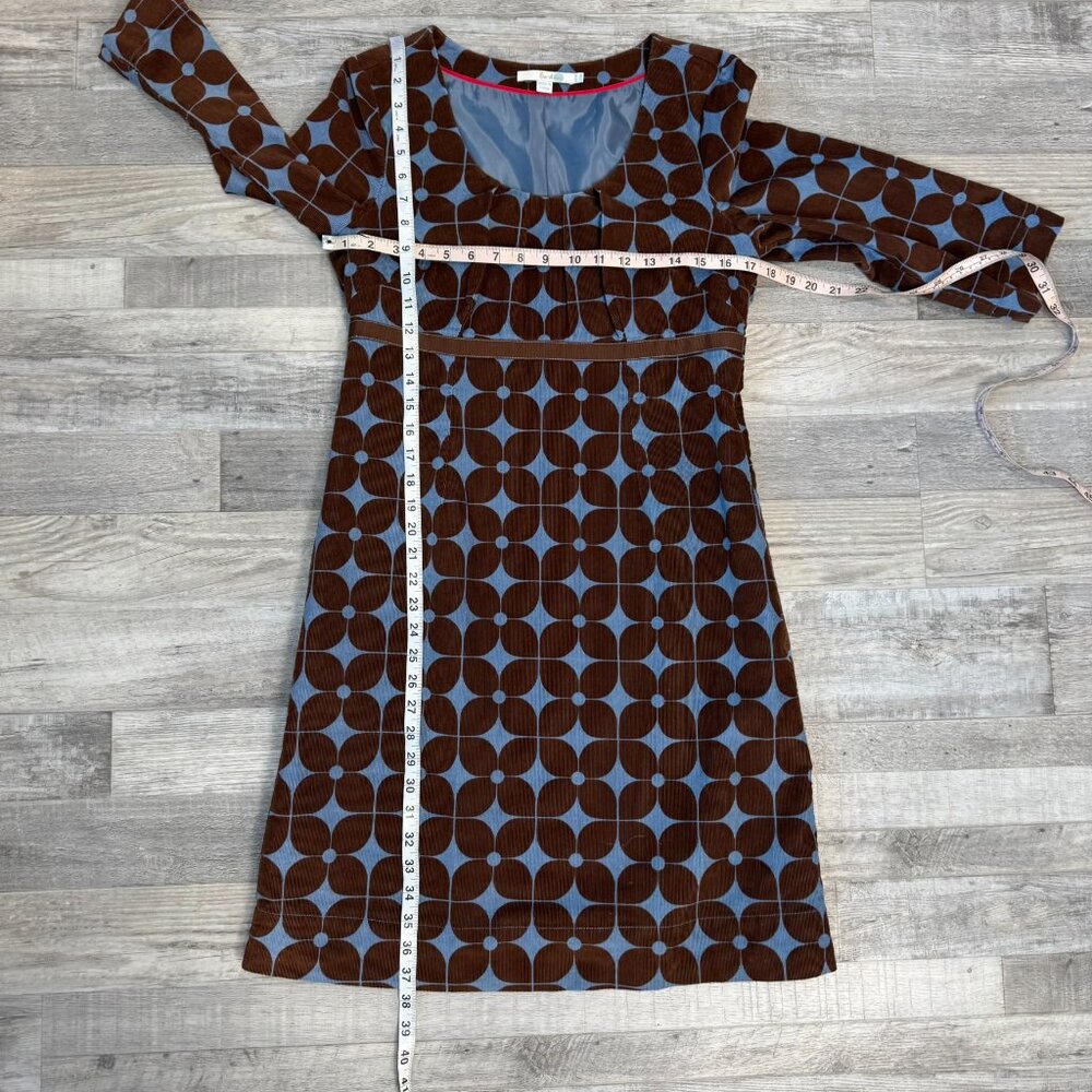Boden Brown Blue Floral Corduroy Empire Waist Dress 3/4 Sleeve P27 - Picture 3 of 5